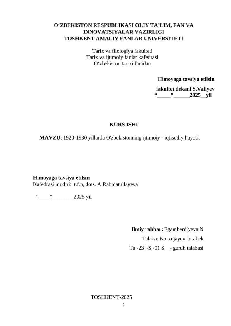 KURS ISHI 1920-1930 yillarda O'zbekistonning ijtimoiy - iqtisodiy hayoti