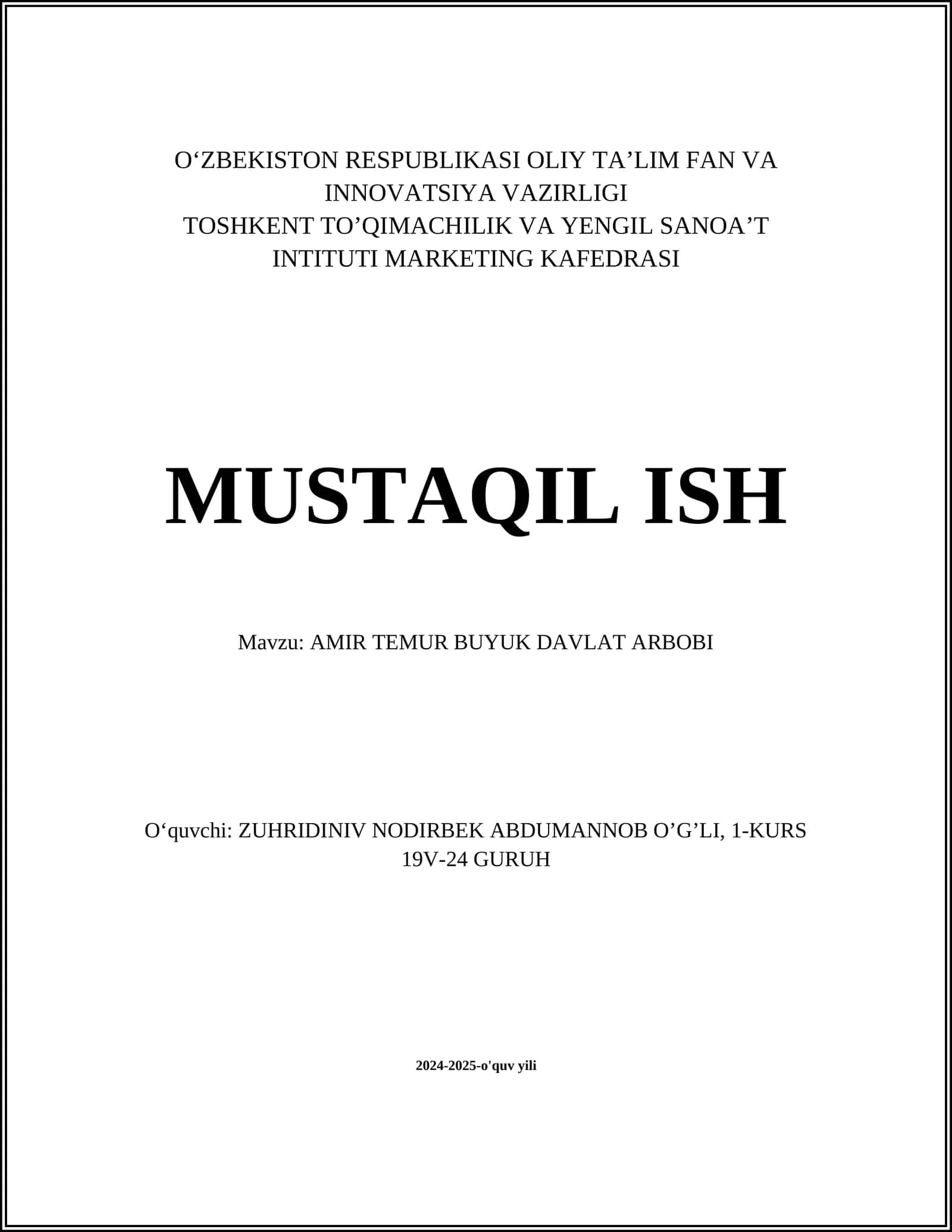 AMIR TEMUR BUYUK DAVLAT ARBOBI