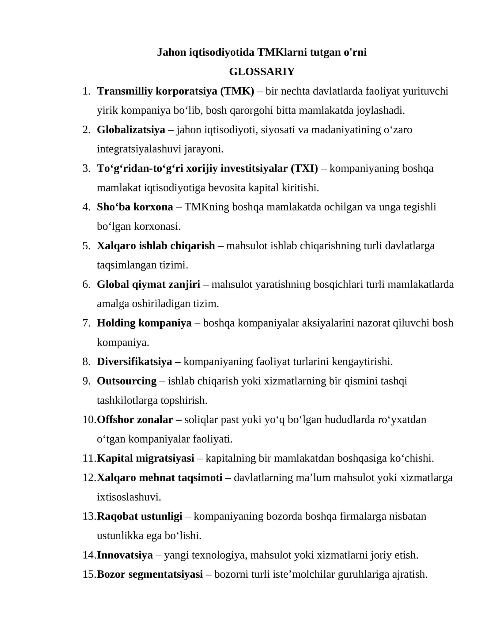 Transmilliy Korporatsiya (TMK) Jahon Iqtisodiyoti