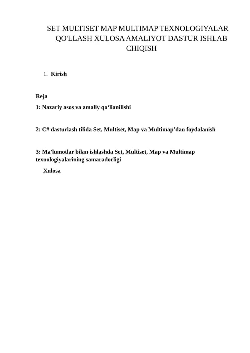 Set, Multiset, Map va Multimap texnologiyalari