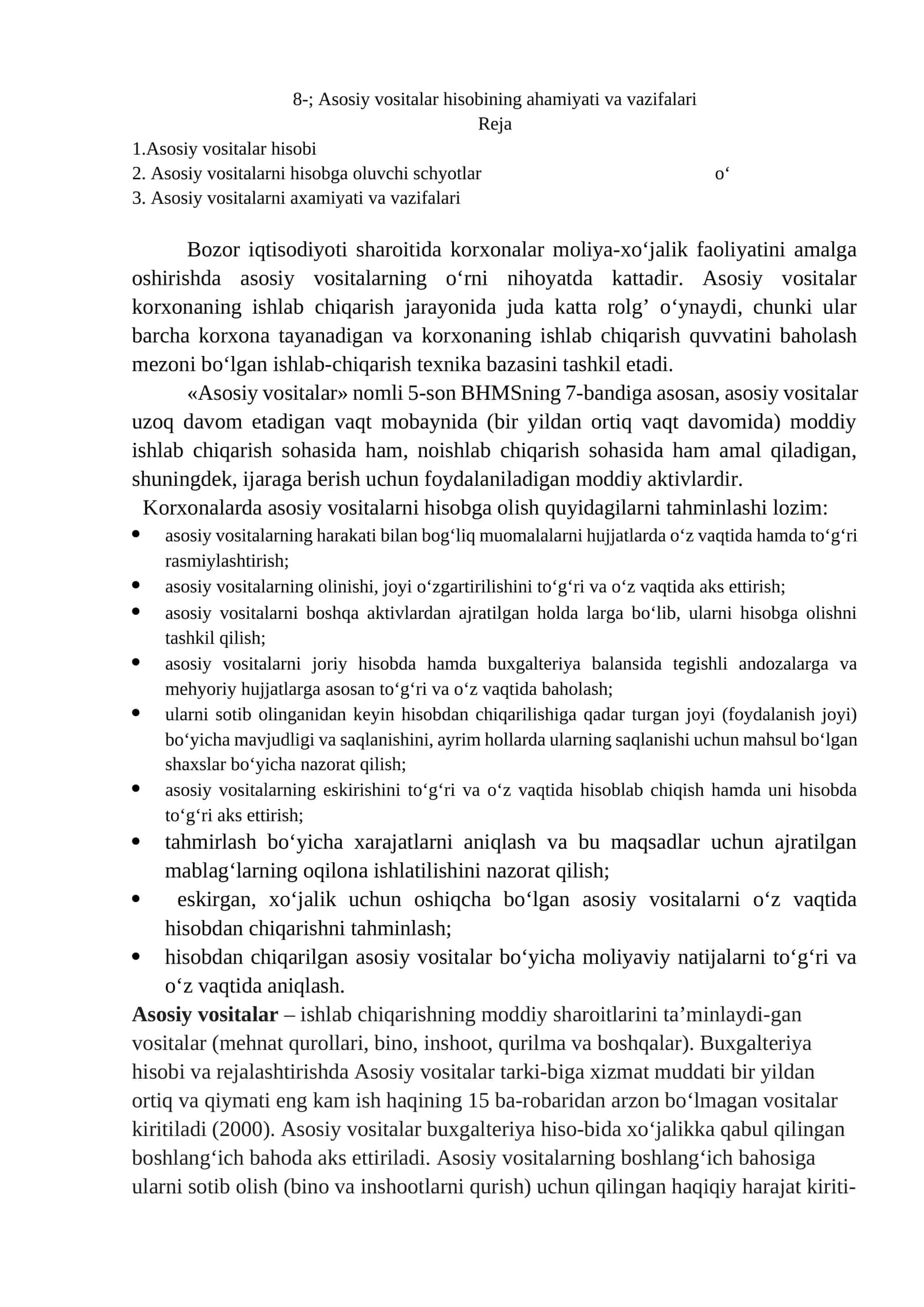 Asosiy vositalar hisobining ahamiyati va vazifalari