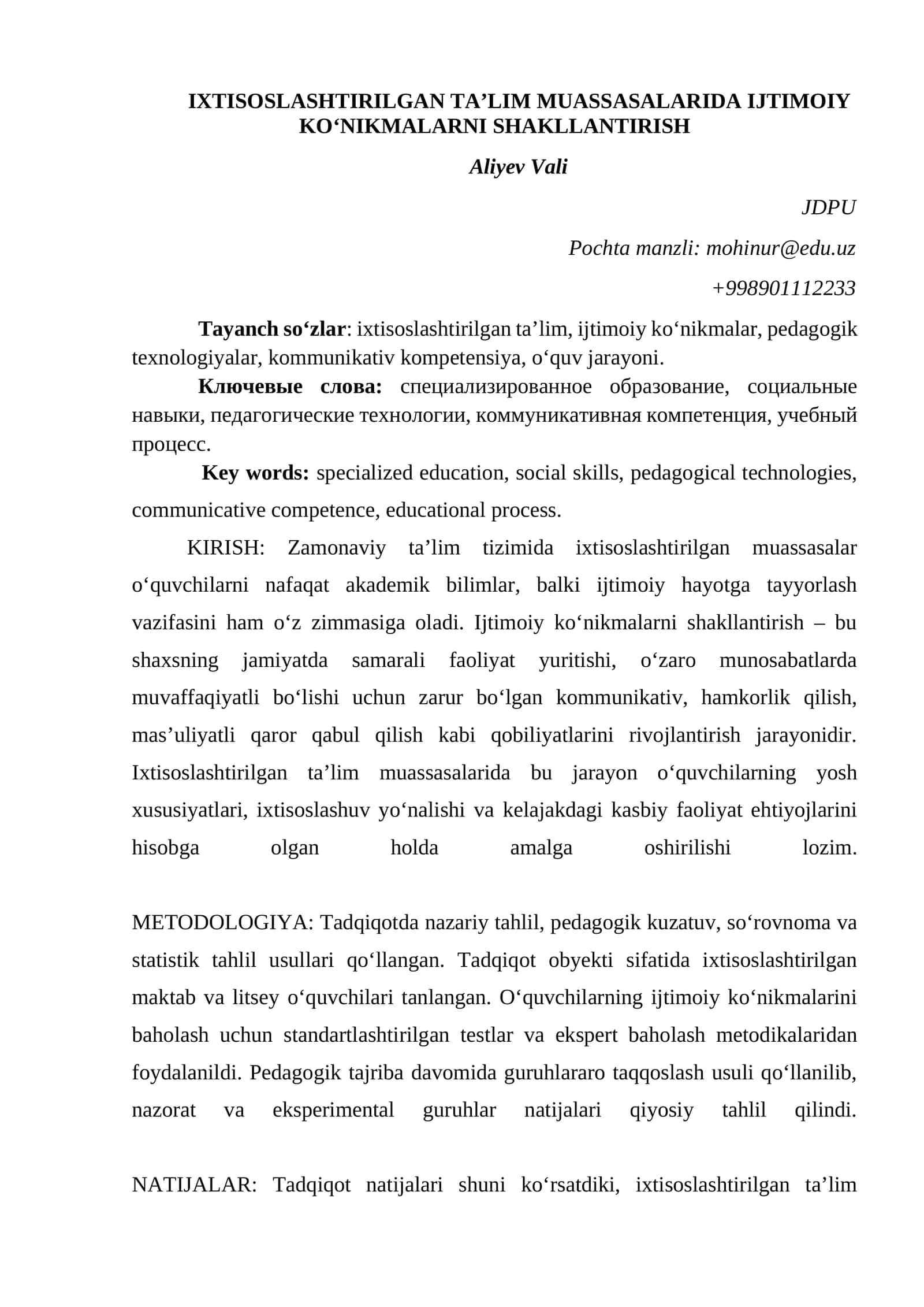 IXTISOSLASHTIRILGAN TA’LIM MUASSASALARIDA IJTIMOIY KO‘NIKMALARNI SHAKLLANTIRISH