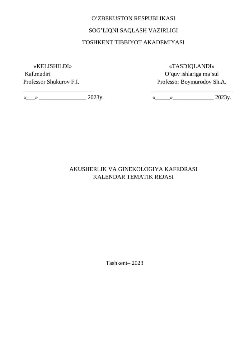 Akusherlik va Ginekologiya Kafedrasi Kalendar Tematik Rejasi