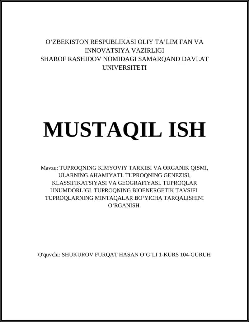 TUPROQNING KIMYOVIY TARKIBI VA ORGANIK QISMI, ULARNING AHAMIYATI