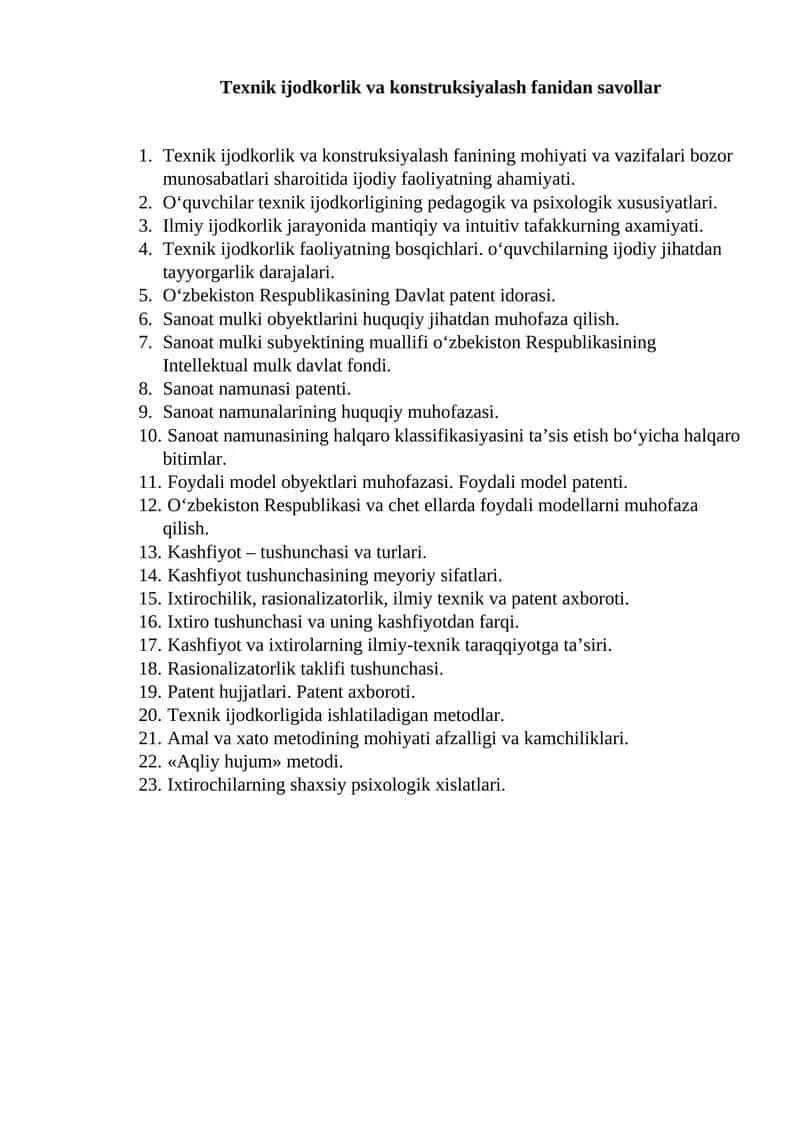 Texnik ijodkorlik va konstruksiyalash fanidan savollar