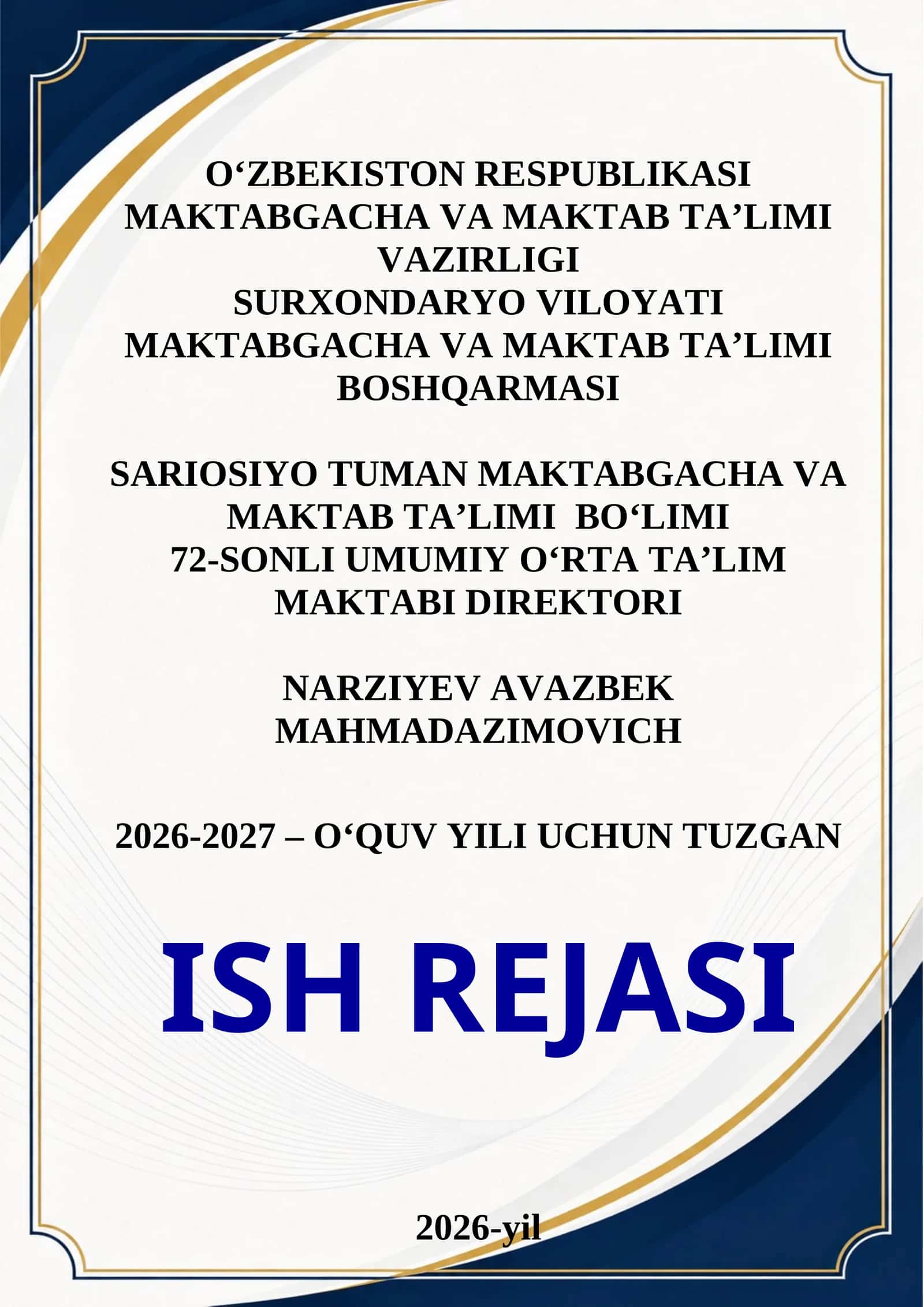 Maktab Direktorining ish rejasi 2026-2027