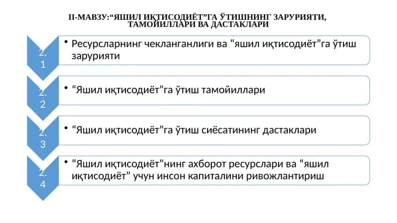 II-МАВЗУ:“ЯШИЛ ИҚТИСОДИЁТ”ГА ЎТИШНИНГ ЗАРУРИЯТИ,ТАМОЙИЛЛАРИ ВА ДАСТАКЛАРИ