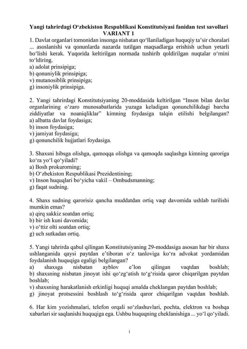 Yangi tahrirdagi O‘zbekiston Respublikasi Konstitutsiyasi fanidan test savollari