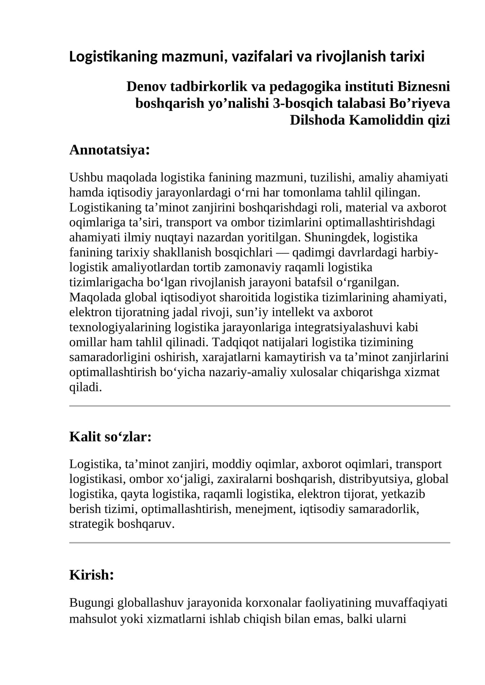 Logistikaning mazmuni, vazifalari va rivojlanish tarixi