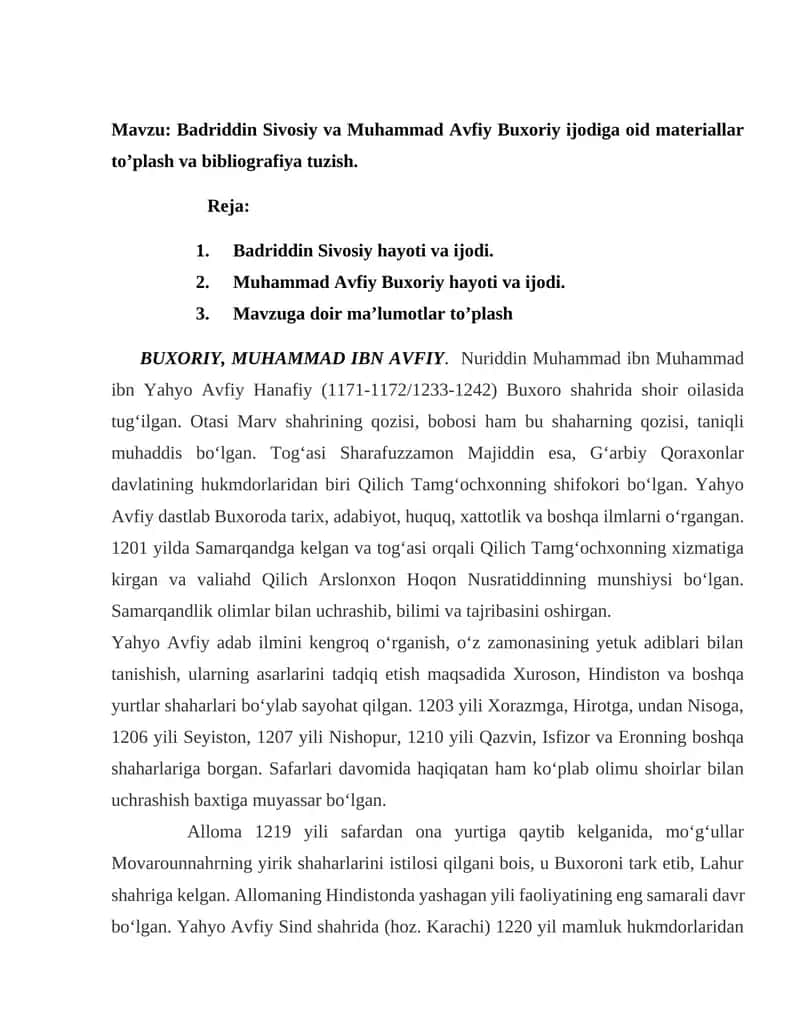 Badriddin Sivosiy va Muhammad Avfiy Buxoriy ijodi