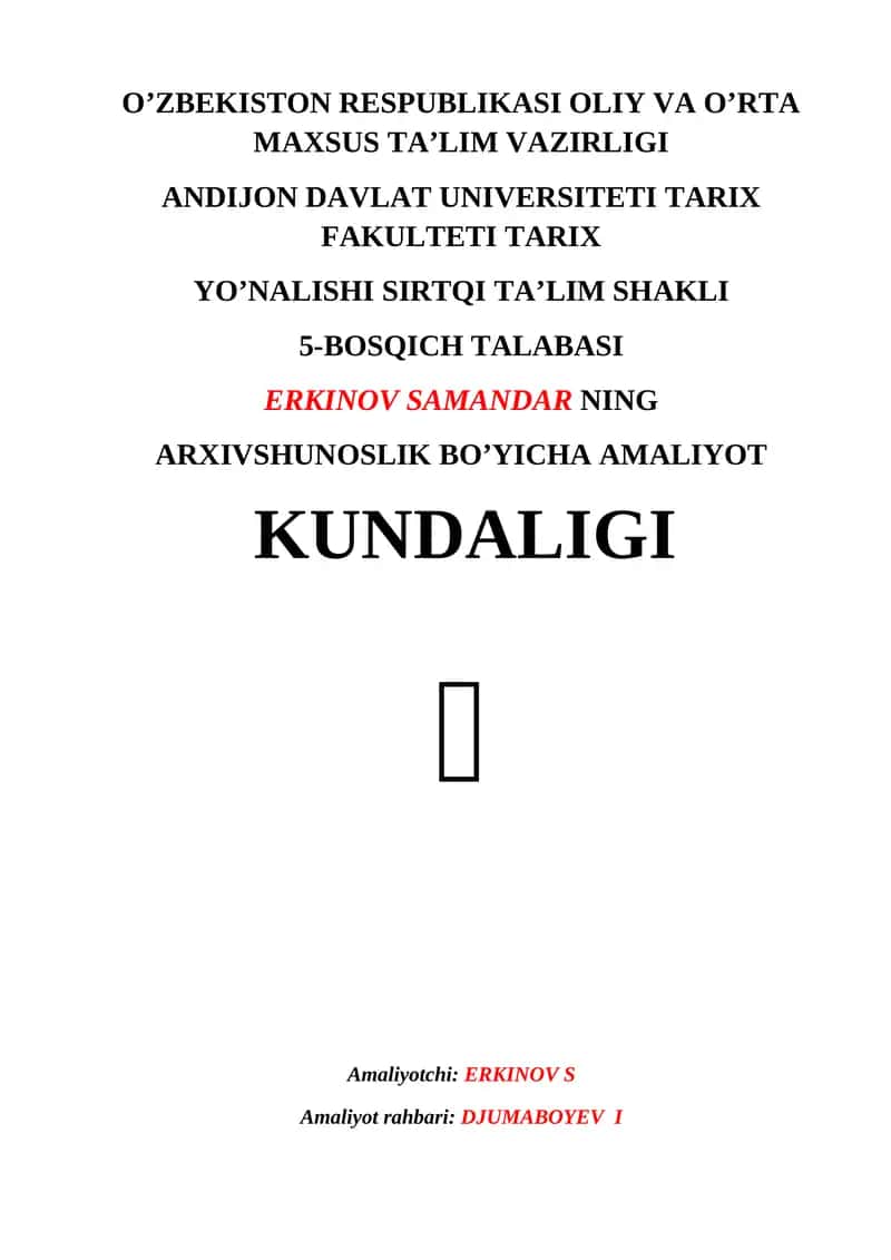 Arxivshunoslik Bo'yicha Amaliyot Kundaligi