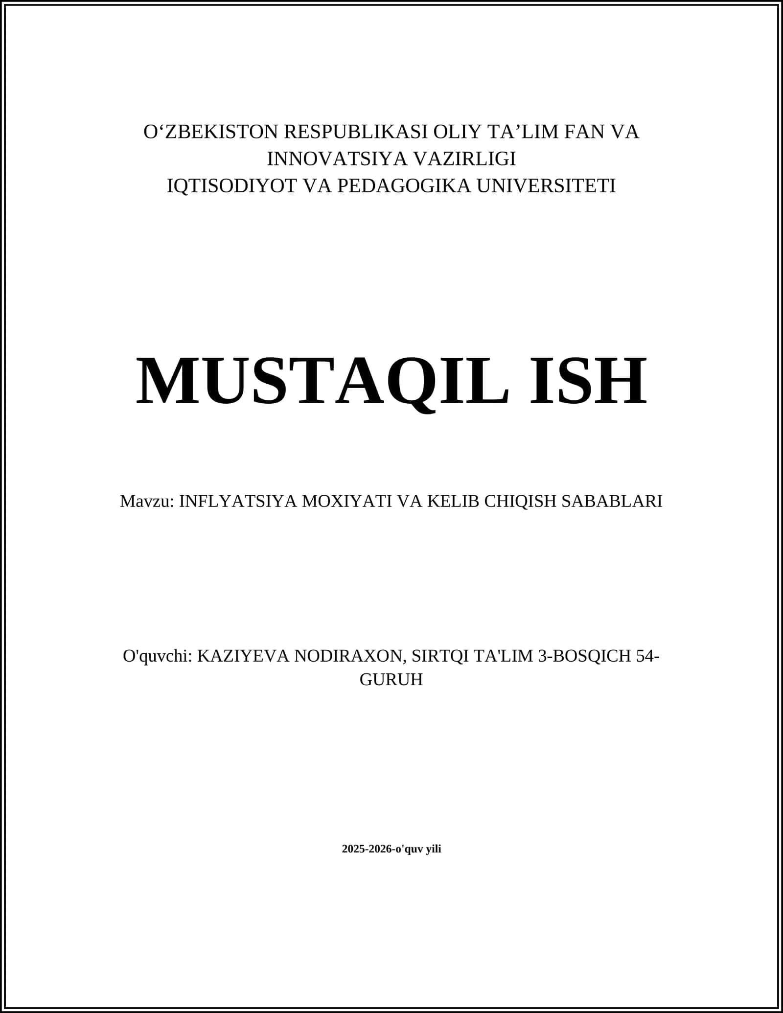 INFLYATSIYA MOXIYATI VA KELIB CHIQISH SABABLARI