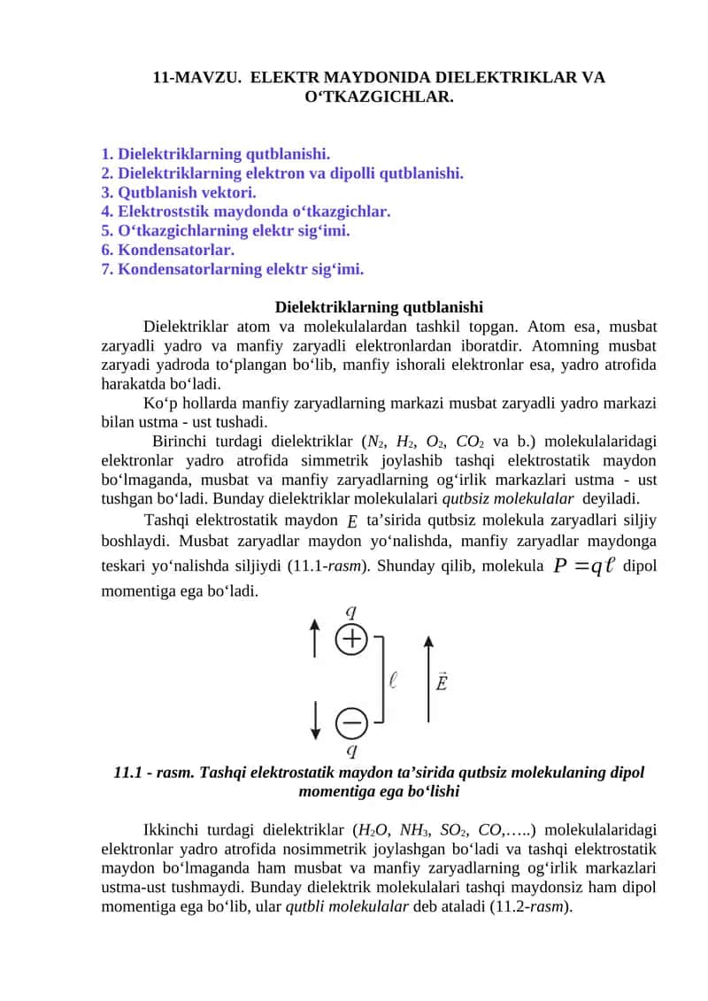 Dielektriklar va o‘tkazgichlar