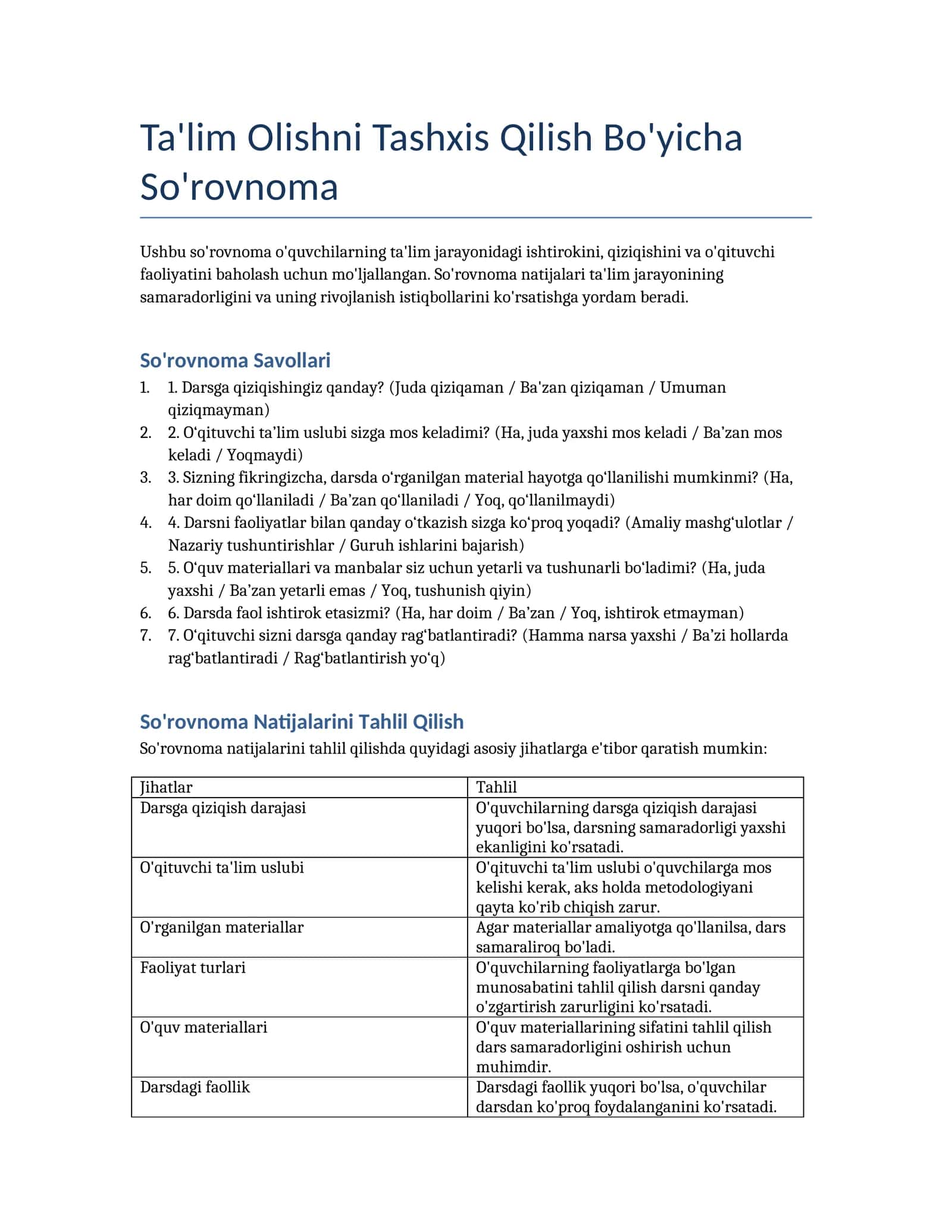 Ta'lim Olishni Tashxis Qilish Bo'yicha So'rovnoma