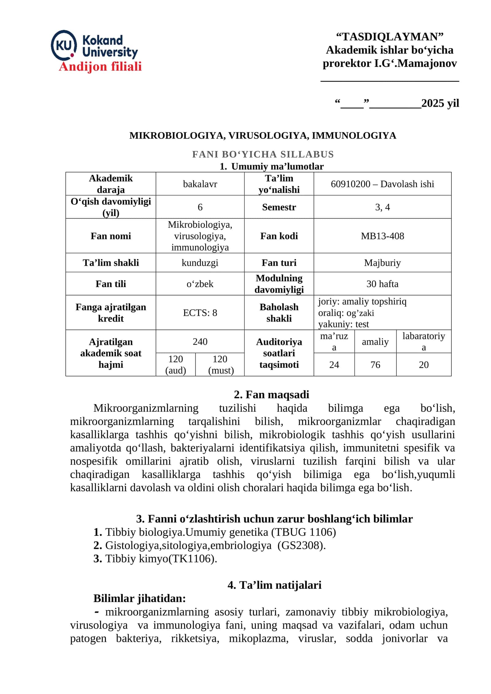 TASDIQLAYMAN Akademik ishlar bo‘yicha prorektor I.G‘.Mamajonov