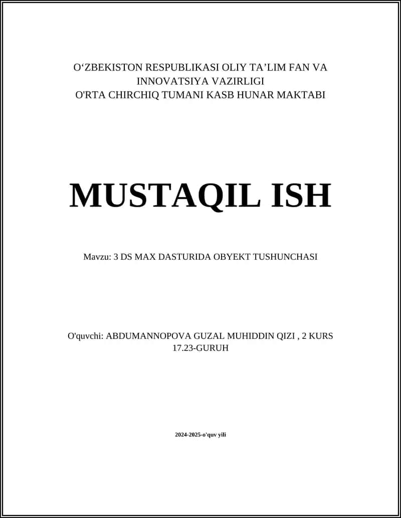 3 DS MAX DASTURIDA OBYEKT TUSHUNCHASI