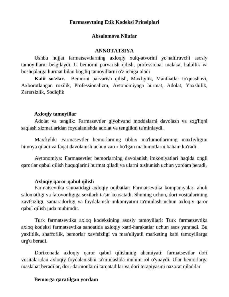 Farmasevtning Etik Kodeksi Prinsiplari