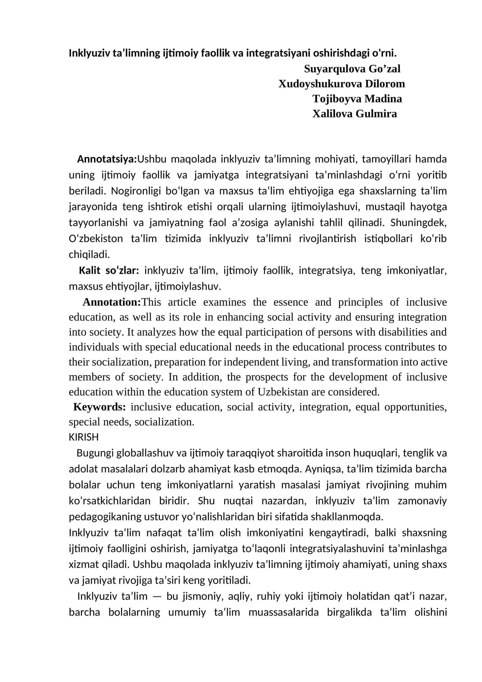 Inklyuziv Taʼlimning Ijtimoiy Faollik va Integratsiyani Oshirishdagi O'rni