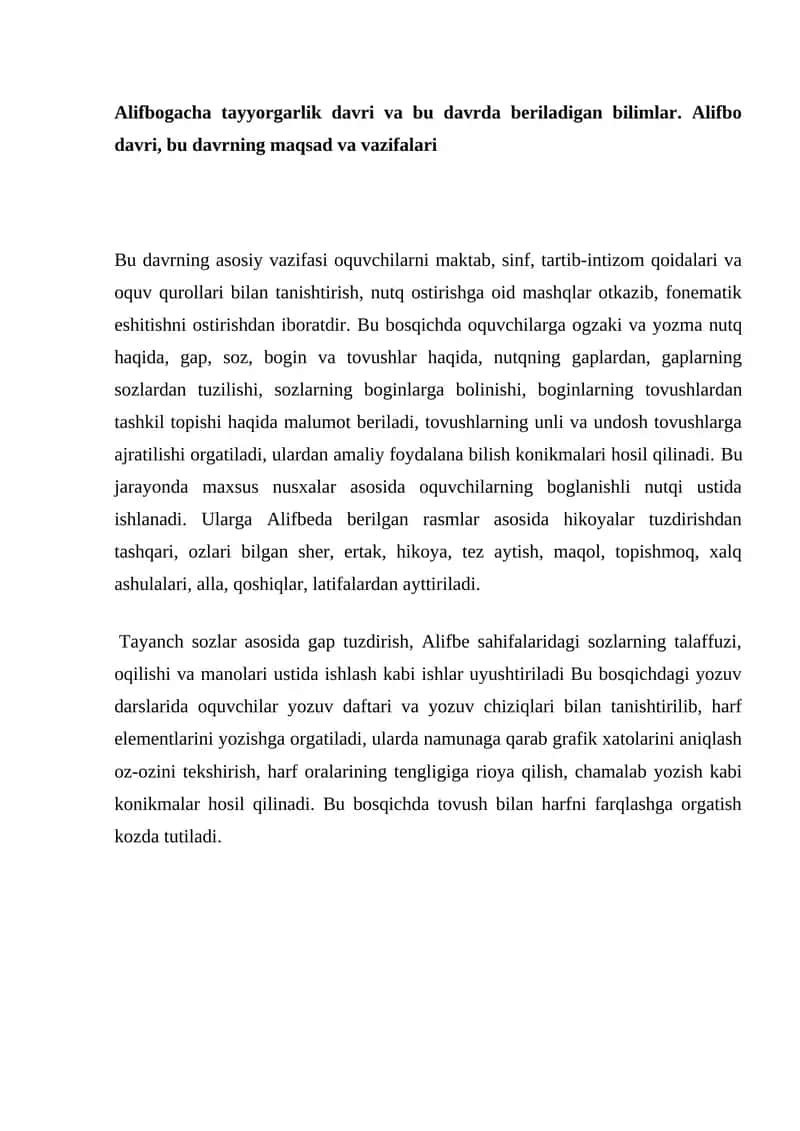 Alifbogacha tayyorgarlik davri va bu davrda beriladigan bilimlar