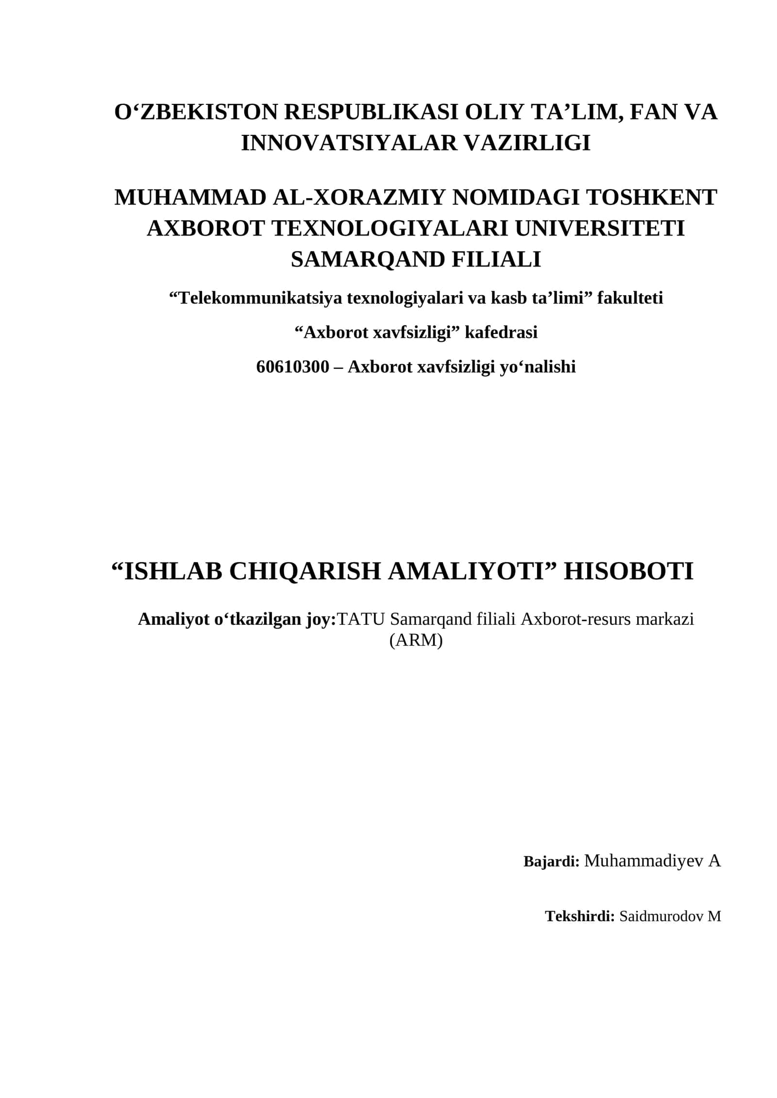ISHLAB CHIQARISH AMALIYOTI HISOBOTI kutubxona uchun