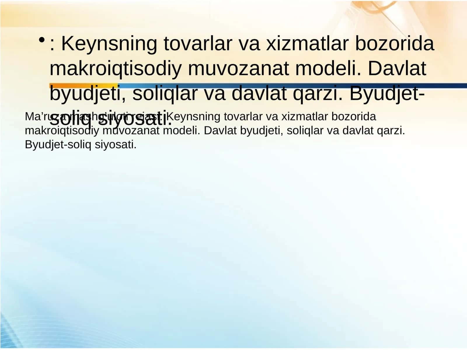 Keynsning tovarlar va xizmatlar bozorida makroiqtisodiy muvozanat modeli