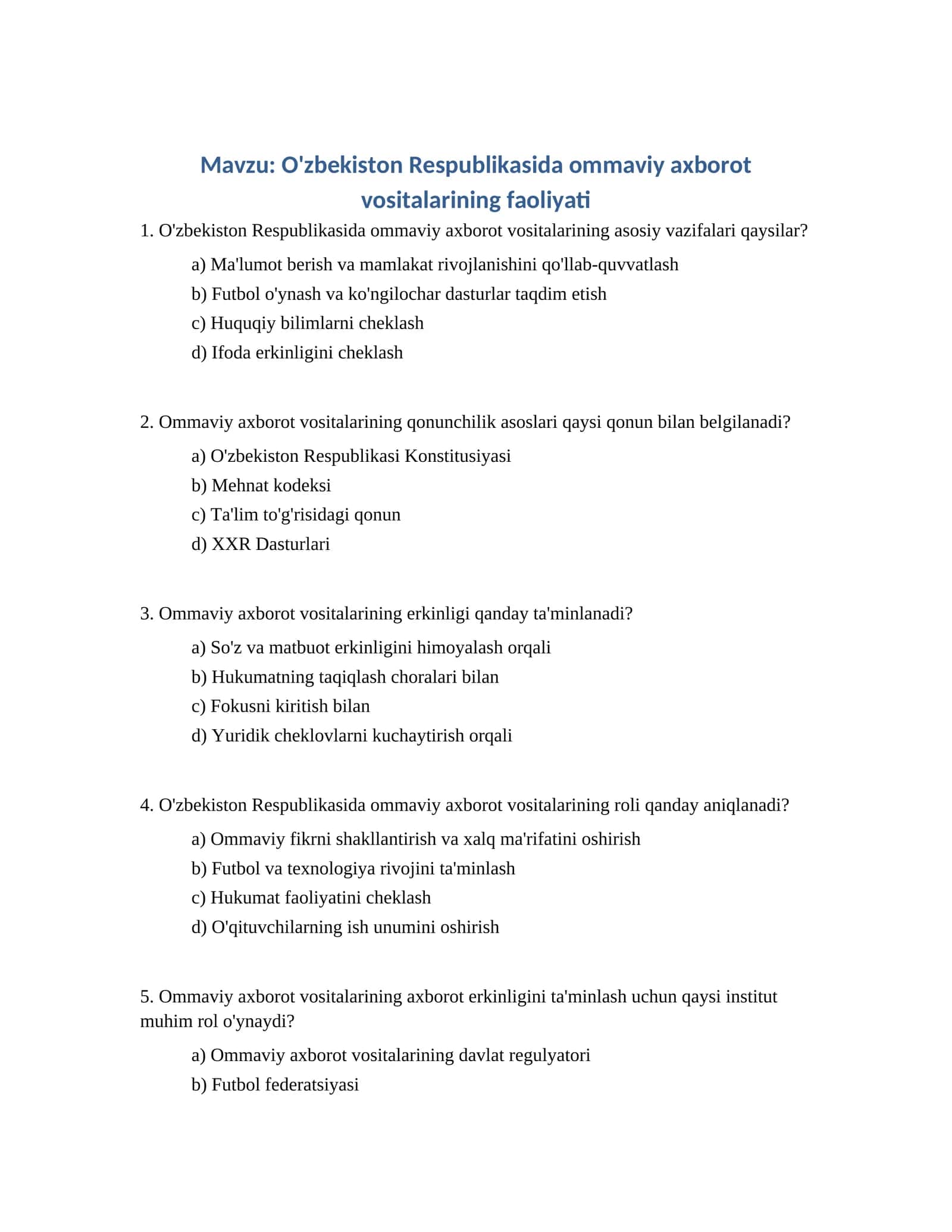 O'zbekiston Respublikasida ommaviy axborot vositalarining faoliyati