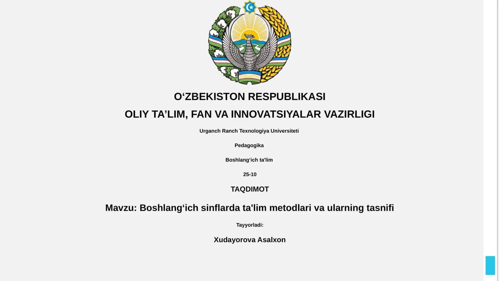 Boshlang'ich sinflarda ta'lim metodlari va ularning tasnifi