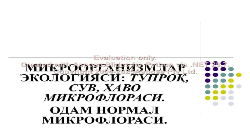 МИКРООРГАНИЗМЛАР ЭКОЛОГИЯСИ: ТУПРОҚ, СУВ, ХАВО МИКРОФЛОРАСИ.
ОДАМ НОРМАЛ МИКРОФЛОРАСИ.