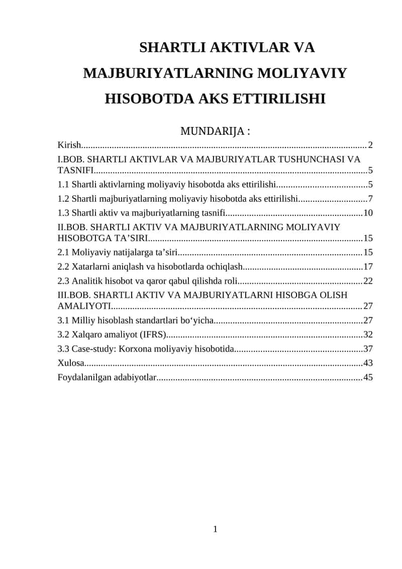 SHARTLI AKTIVLAR VA MAJBURIYATLARNING MOLIYAVIY HISOBOTDA AKS ETTIRILISHI