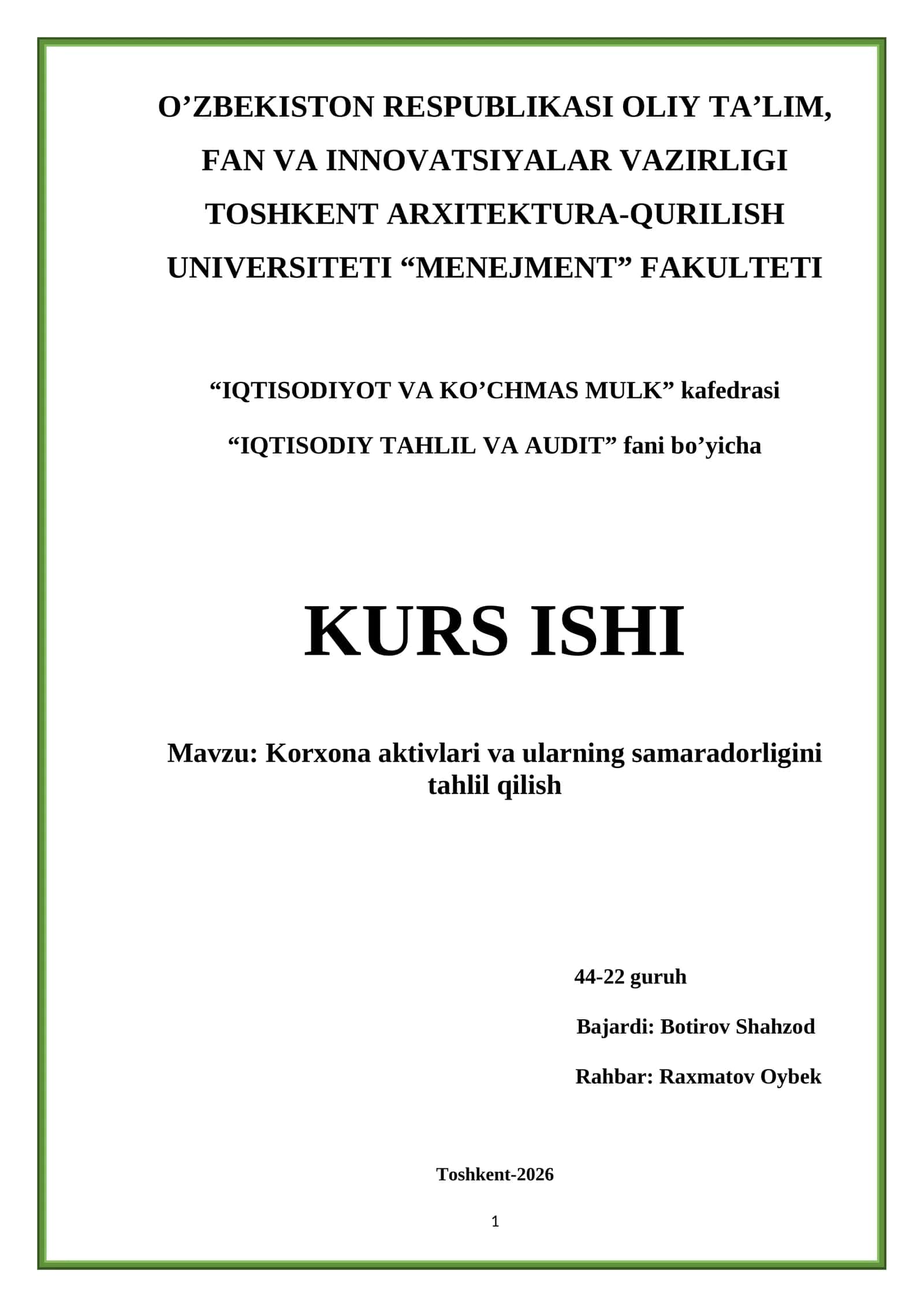 Korxona aktivlari va ularning samaradorligini tahlil qilish