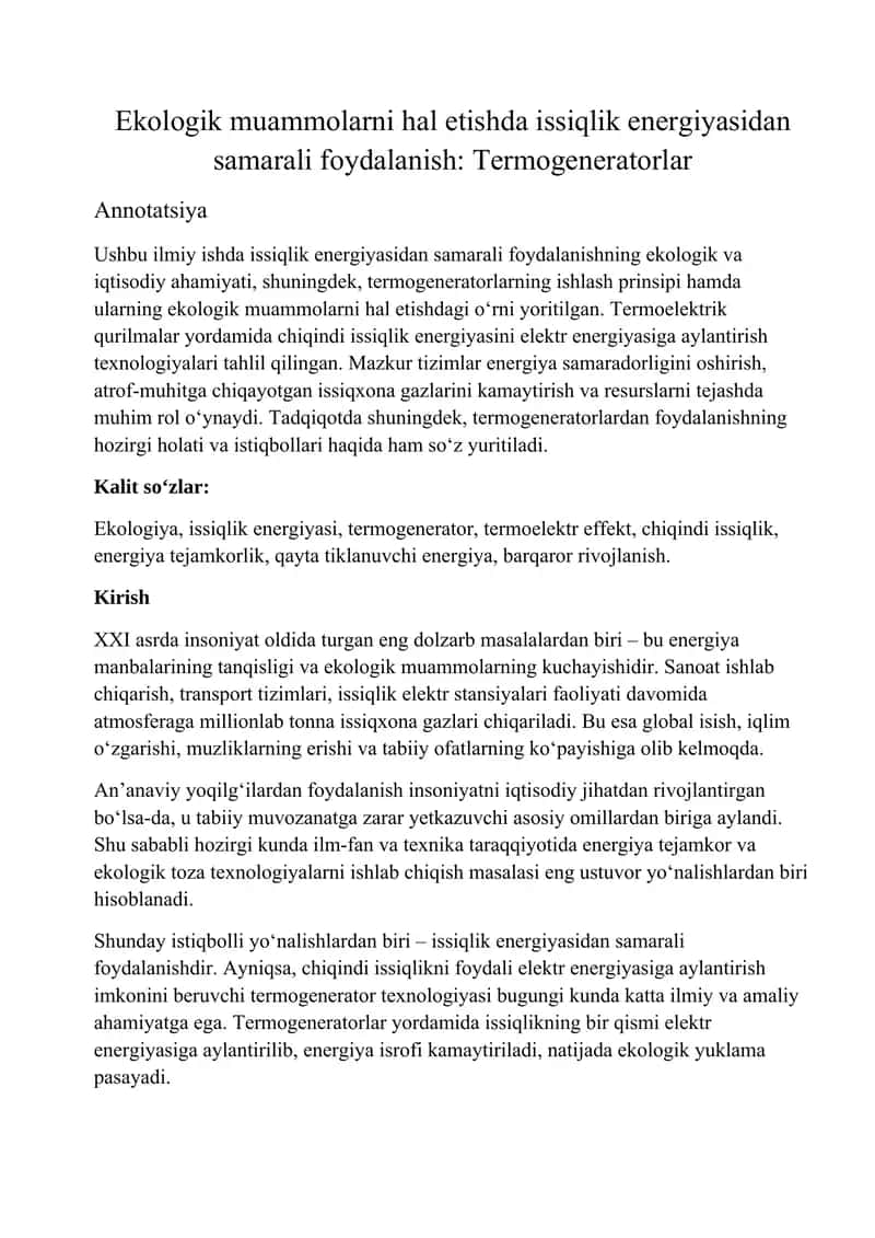 Ekologik muammolarni hal etishda issiqlik energiyasidan samarali foydalanish: Termogeneratorlar