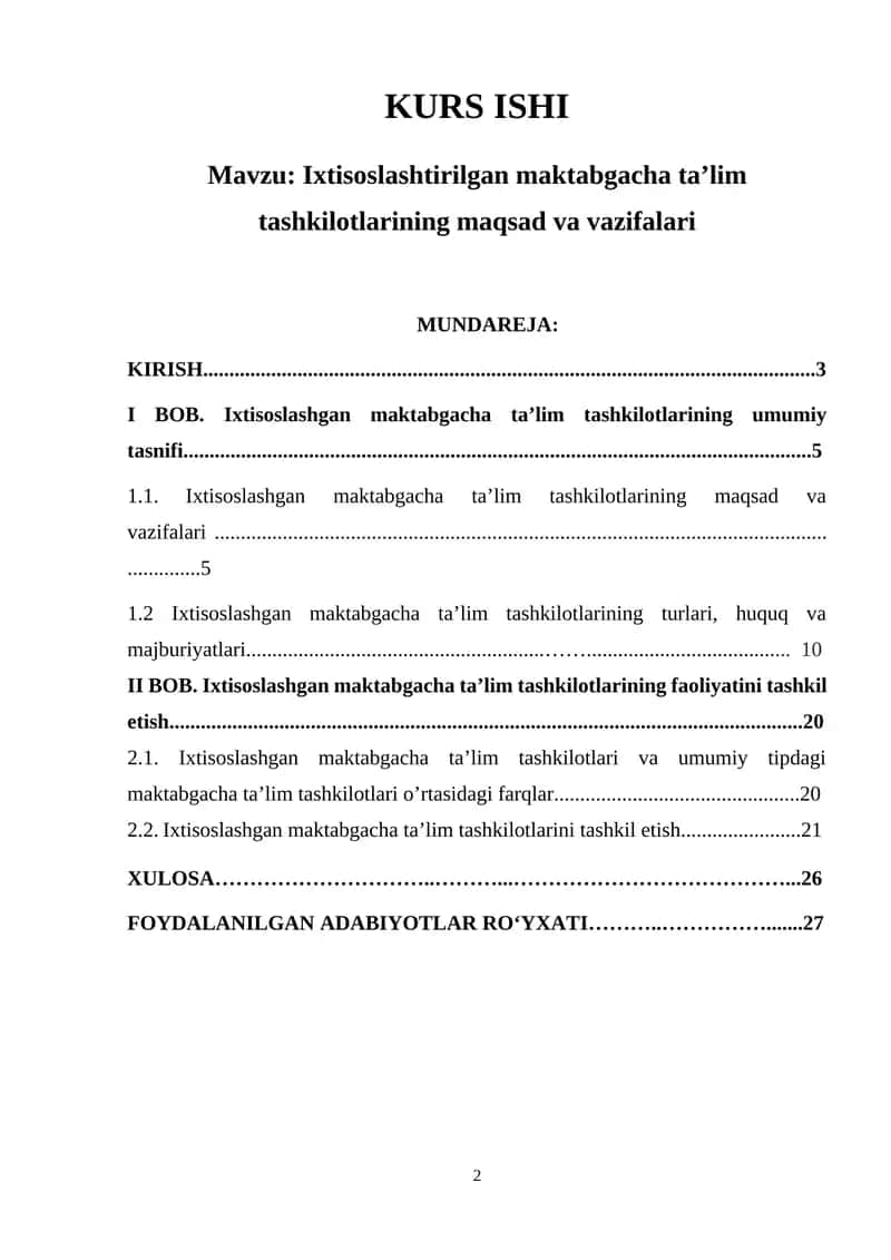 Ixtisoslashtirilgan maktabgacha ta’lim tashkilotlarining maqsad va vazifalari