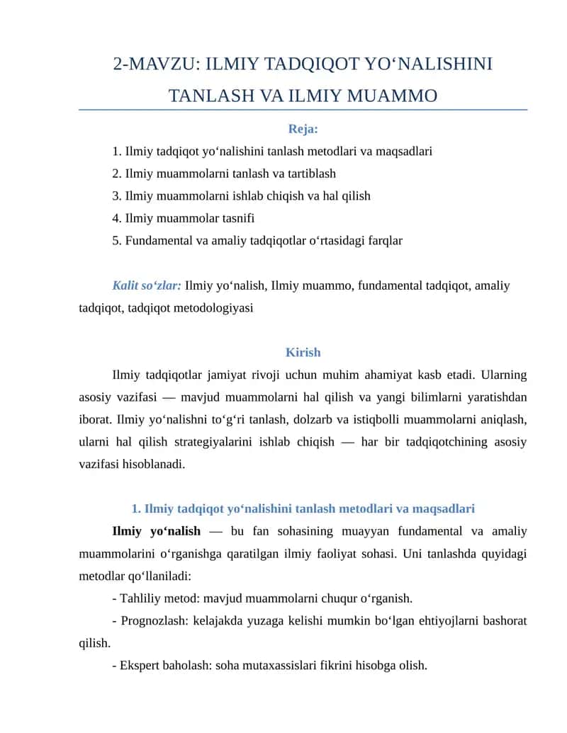 ILMIY TADQIQOT YO‘NALISHINI TANLASH VA ILMIY MUAMMO
