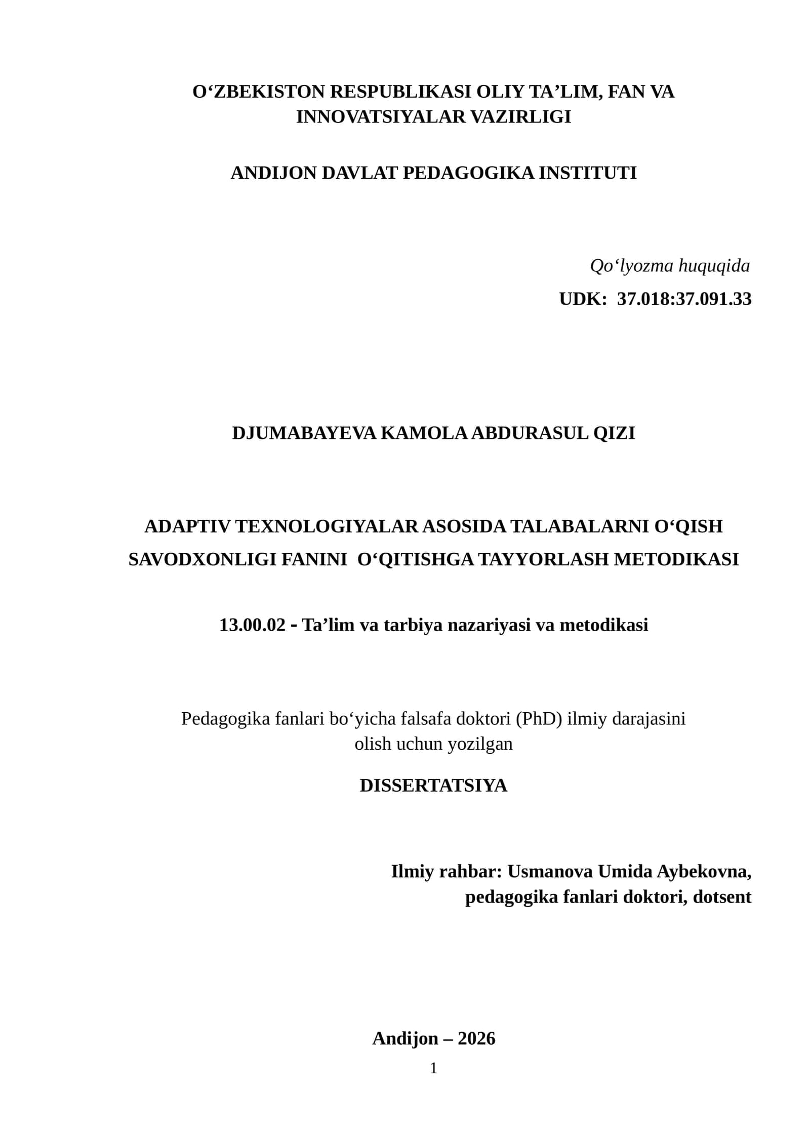 ADAPTIV TEXNOLOGIYALAR ASOSIDA TALABALARNI O‘QISH SAVODXONLIGI FANINI O‘QITISHGA TAYYORLASH METODIKASI