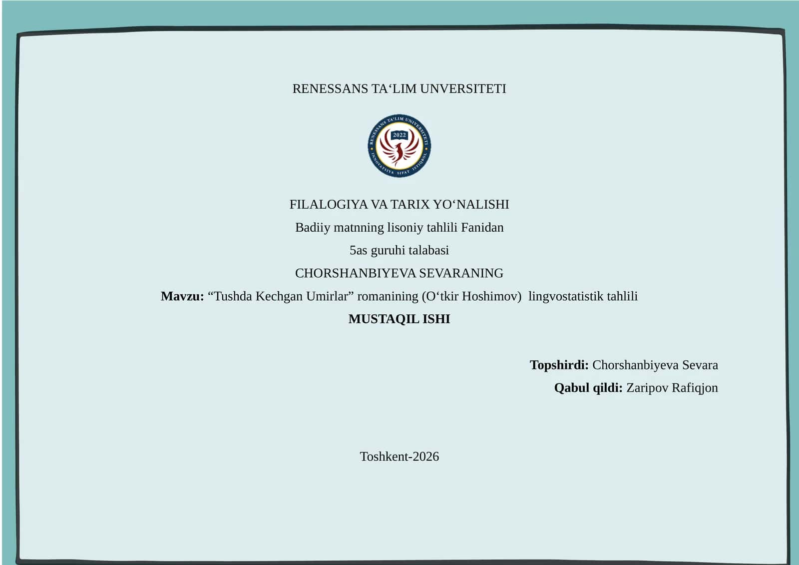 “Tushda Kechgan Umirlar” romanining (O‘tkir Hoshimov) lingvostatistik tahlili