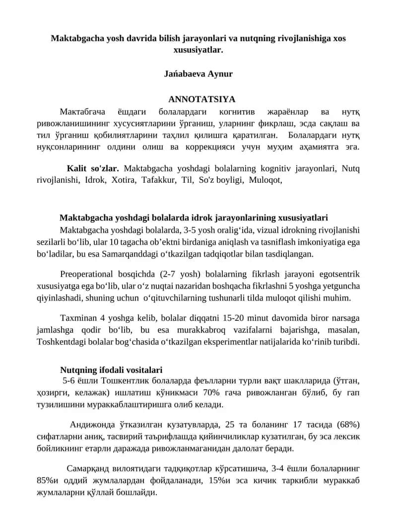 Maktabgacha yosh davrida bilish jarayonlari va nutqning rivojlanishiga xos xususiyatlar