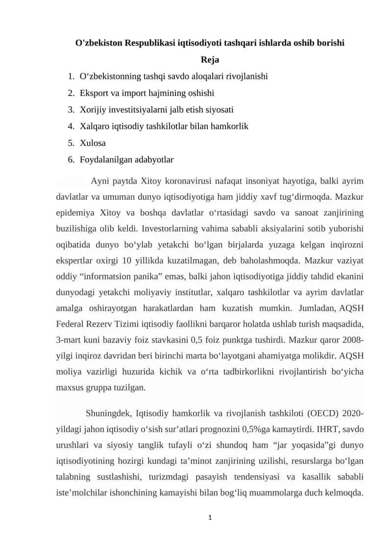 O'zbekiston Respublikasi iqtisodiyoti tashqari ishlarda oshib borishi