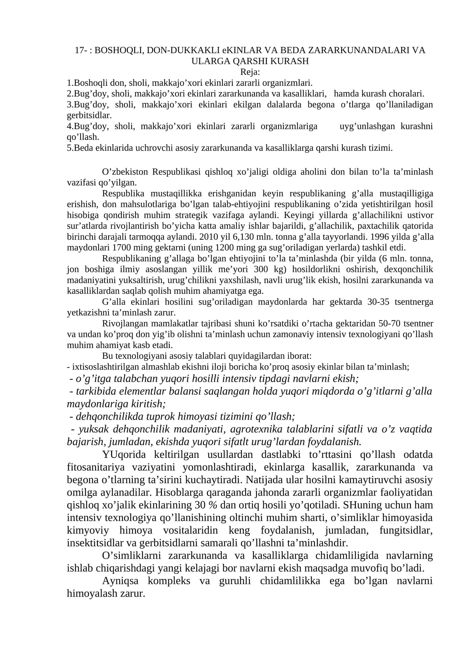 BOSHOQLI, DON-DUKKAKLI eKINLAR VA BEDA ZARARKUNANDALARI VA ULARGA QARSHI KURASH