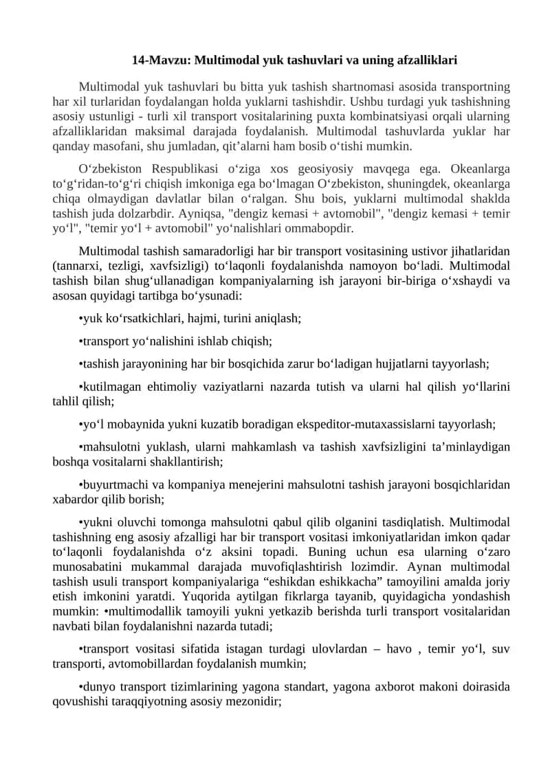 Multimodal yuk tashuvlari va uning afzalliklari