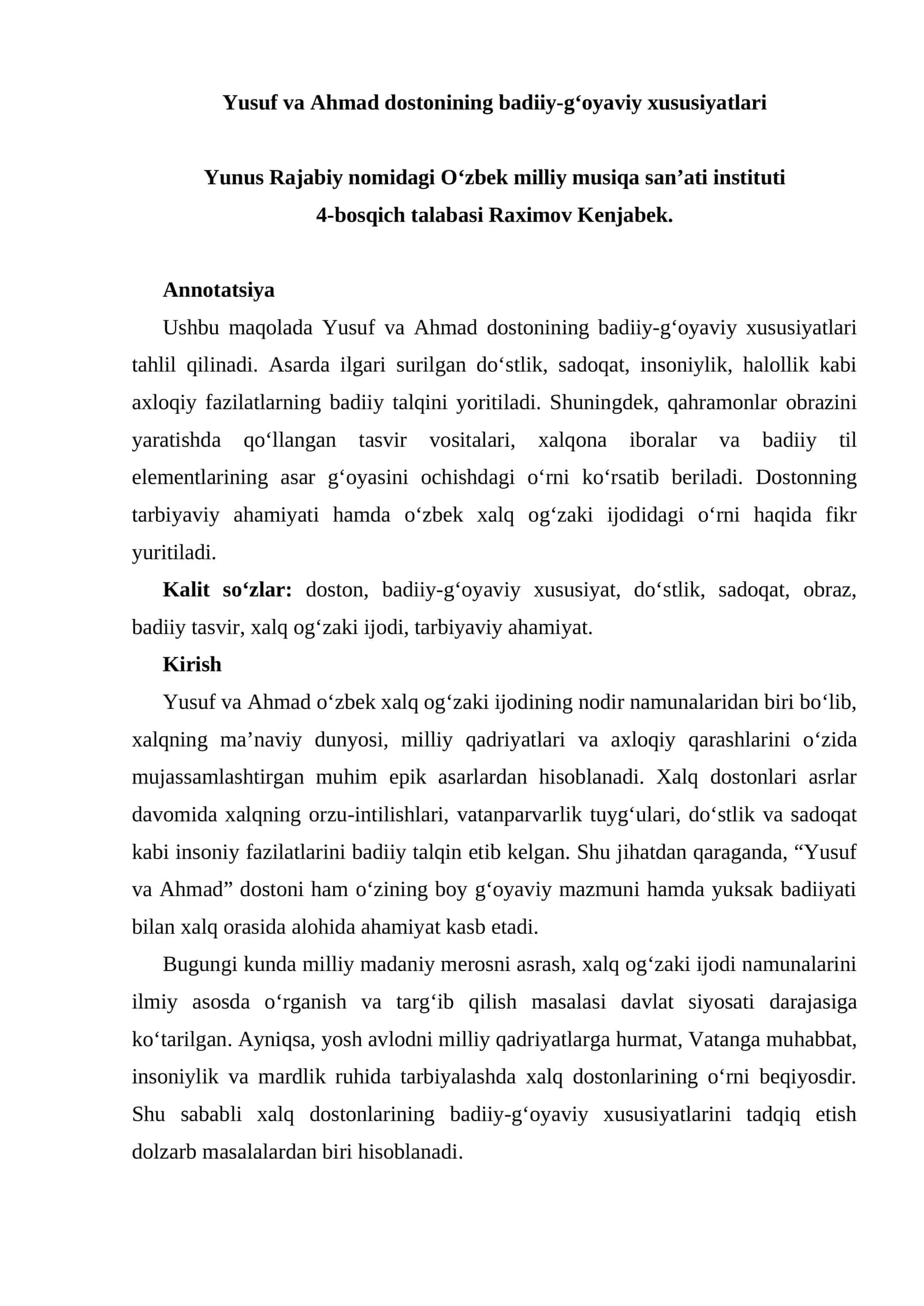 Yusuf va Ahmad dostonining badiiy-g‘oyaviy xususiyatlari