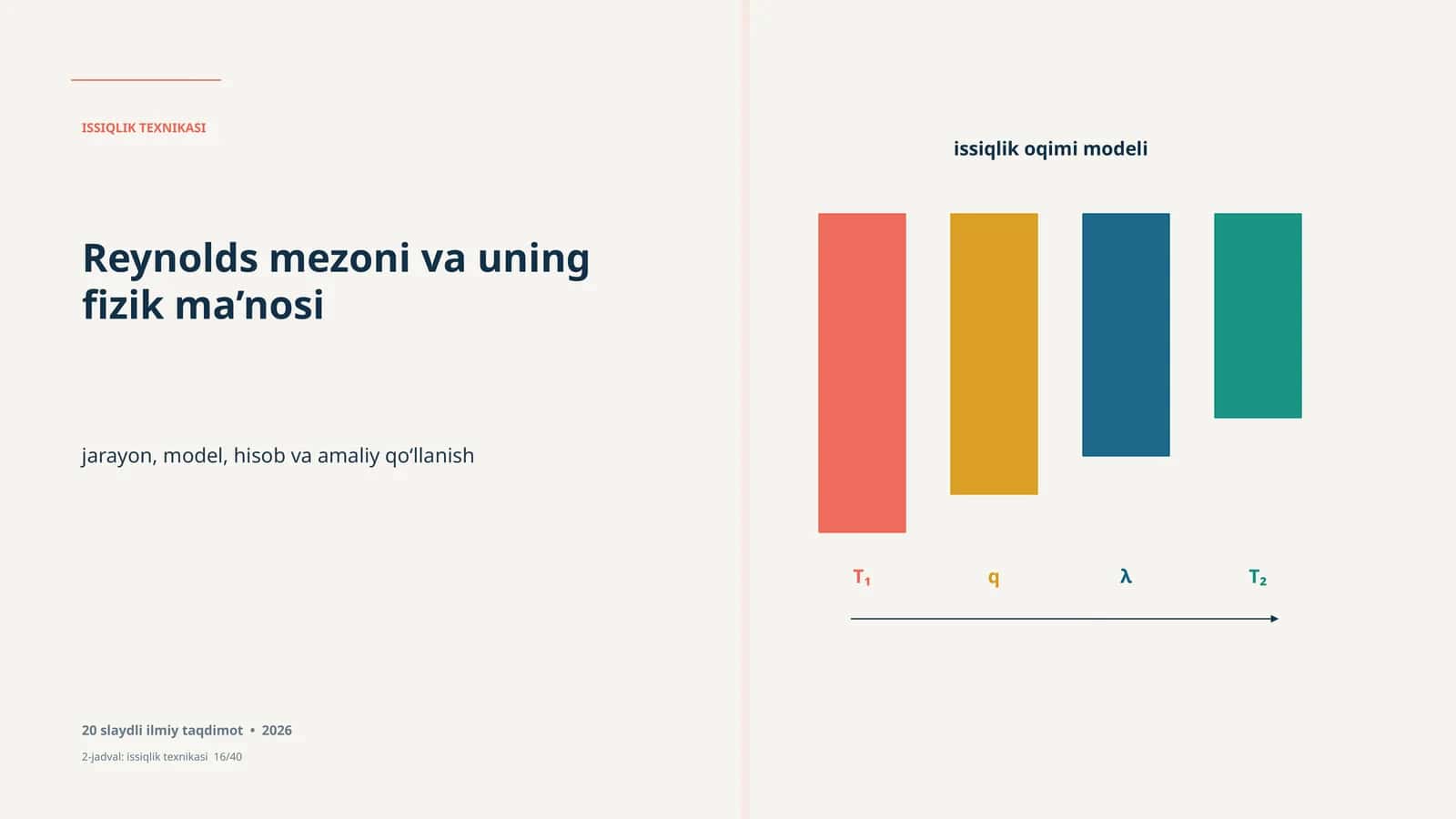ISSIQLIK TEXNIKASI • REYNOLDS MEZONI VA UNING FIZIK MA’NOSI Taqdimotlar - 20 slaydli ilmiy taqdimot 2026 yiliga mahsus issiqlik texnikasi, Reynolds mezoni va uning fizik ma’nosi haqida model, hisob va amaliy qo‘llanish bilan