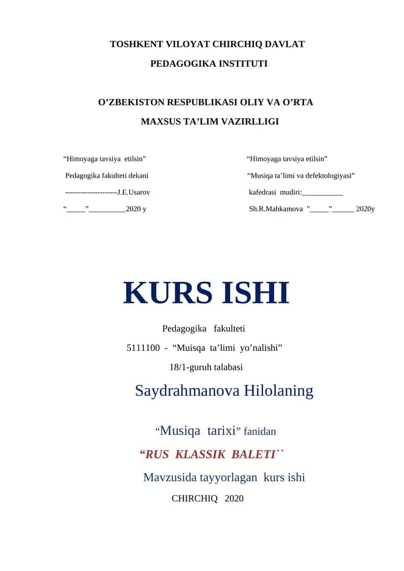 RUS KLASSIK BALETI KURS ISHI