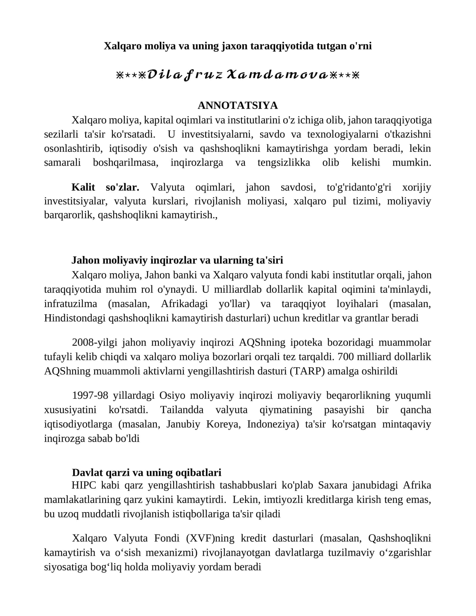 Xalqaro moliya va uning jaxon taraqqiyotida tutgan o'rni