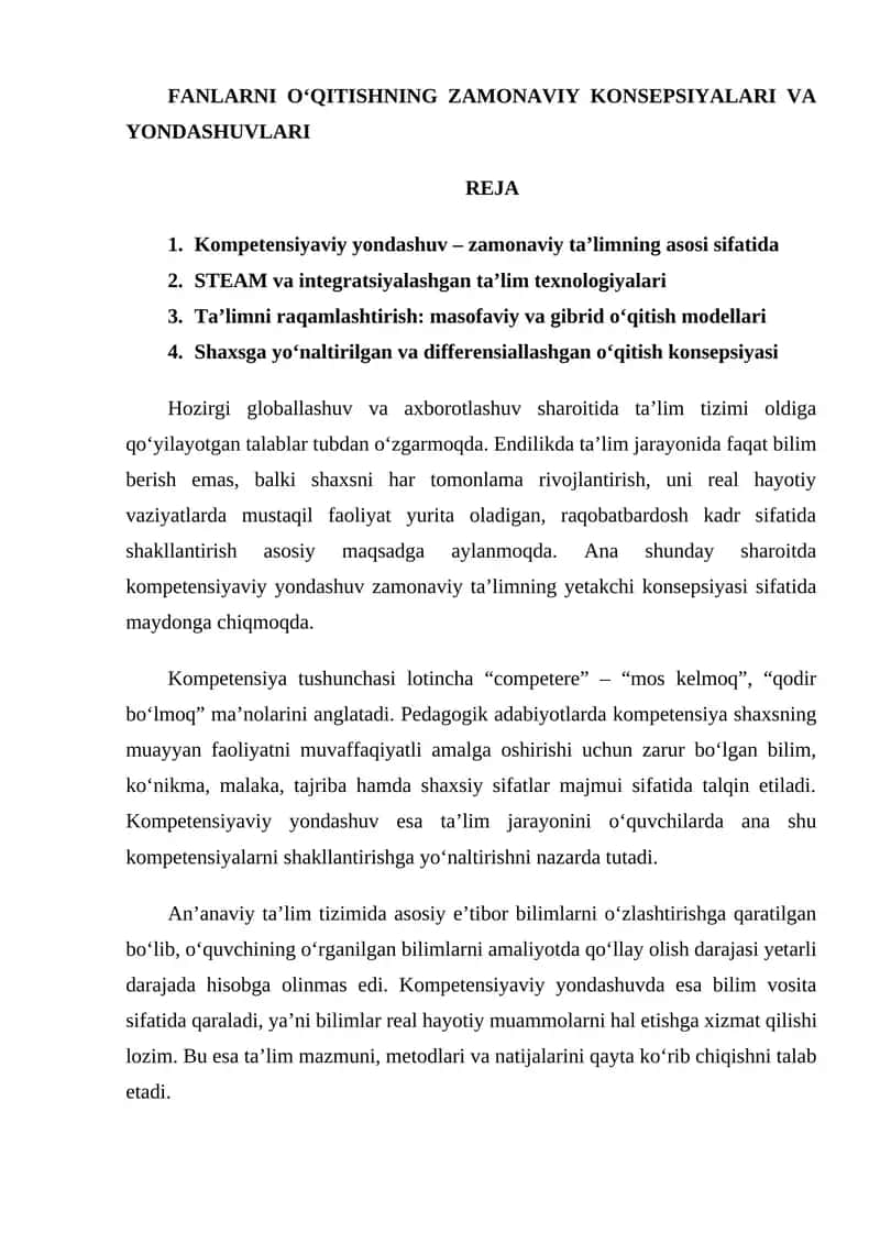 FANLARNI O‘QITISHNING ZAMONAVIY KONSEPSIYALARI VA YONDASHUVLARI