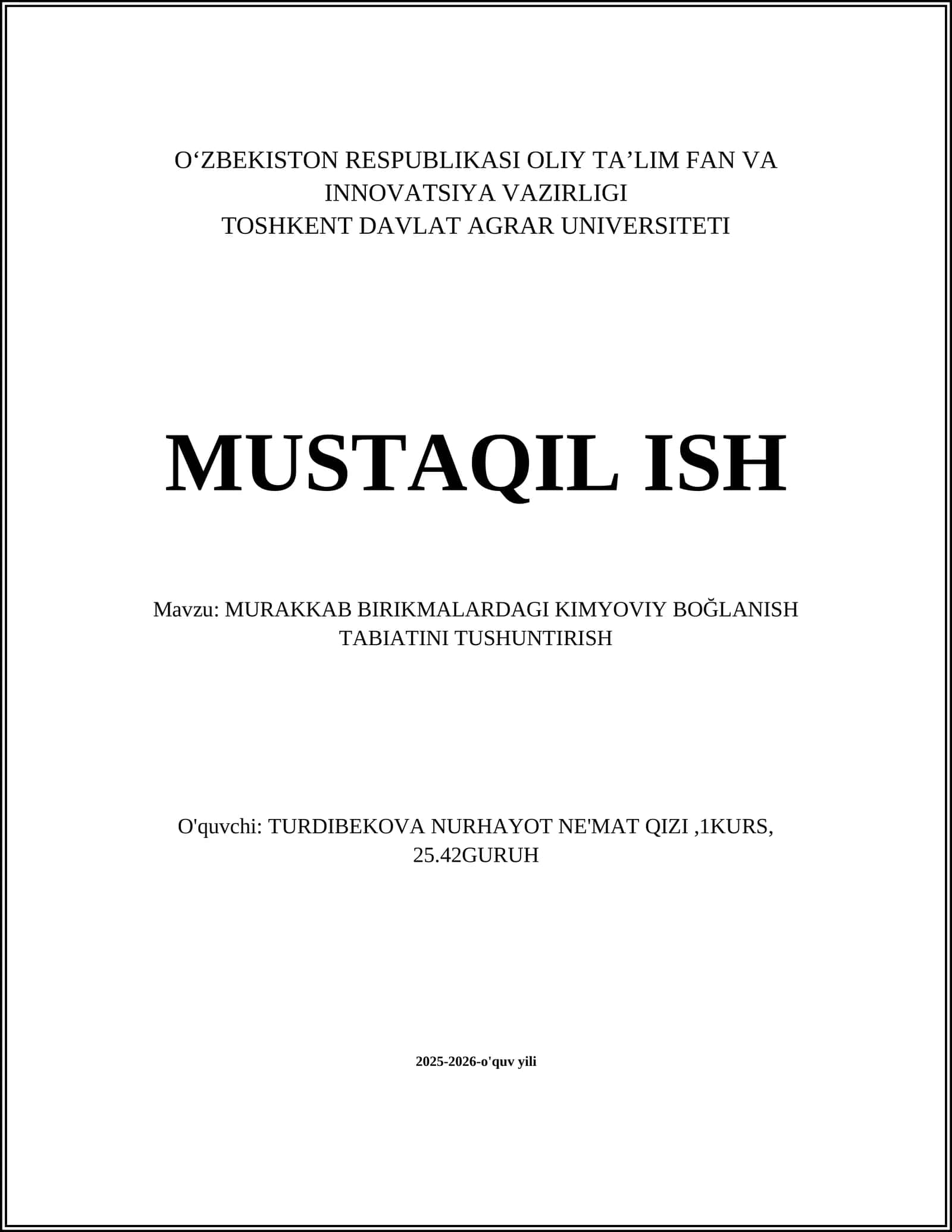MURAKKAB BIRIKMALARDAGI KIMYOVIY BOĞLANISH TABIATINI TUSHUNTIRISH
