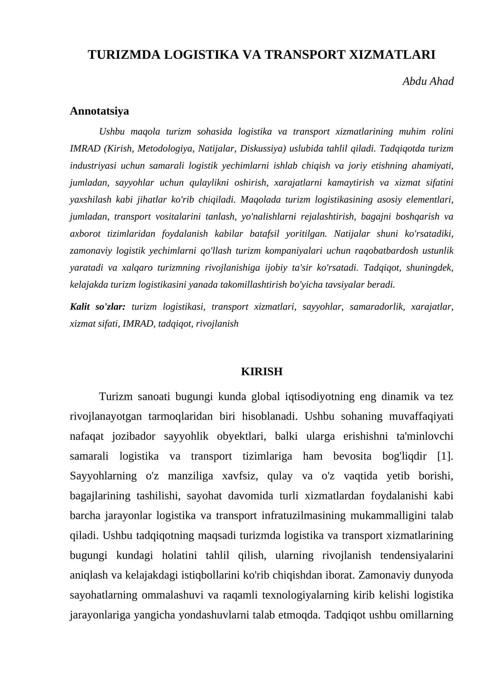 TURIZMDA LOGISTIKA VA TRANSPORT XIZMATLARI