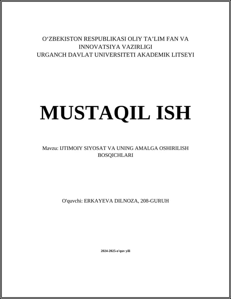 IJTIMOIY SIYOSAT VA UNING AMALGA OSHIRILISH BOSQICHLARI