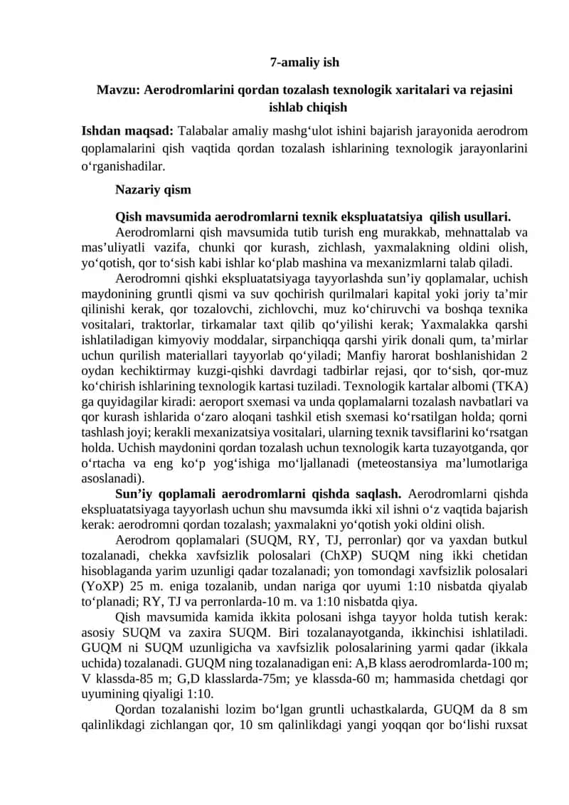 Aerodromlarini qordan tozalash texnologik xaritalari va rejasini ishlab chiqish