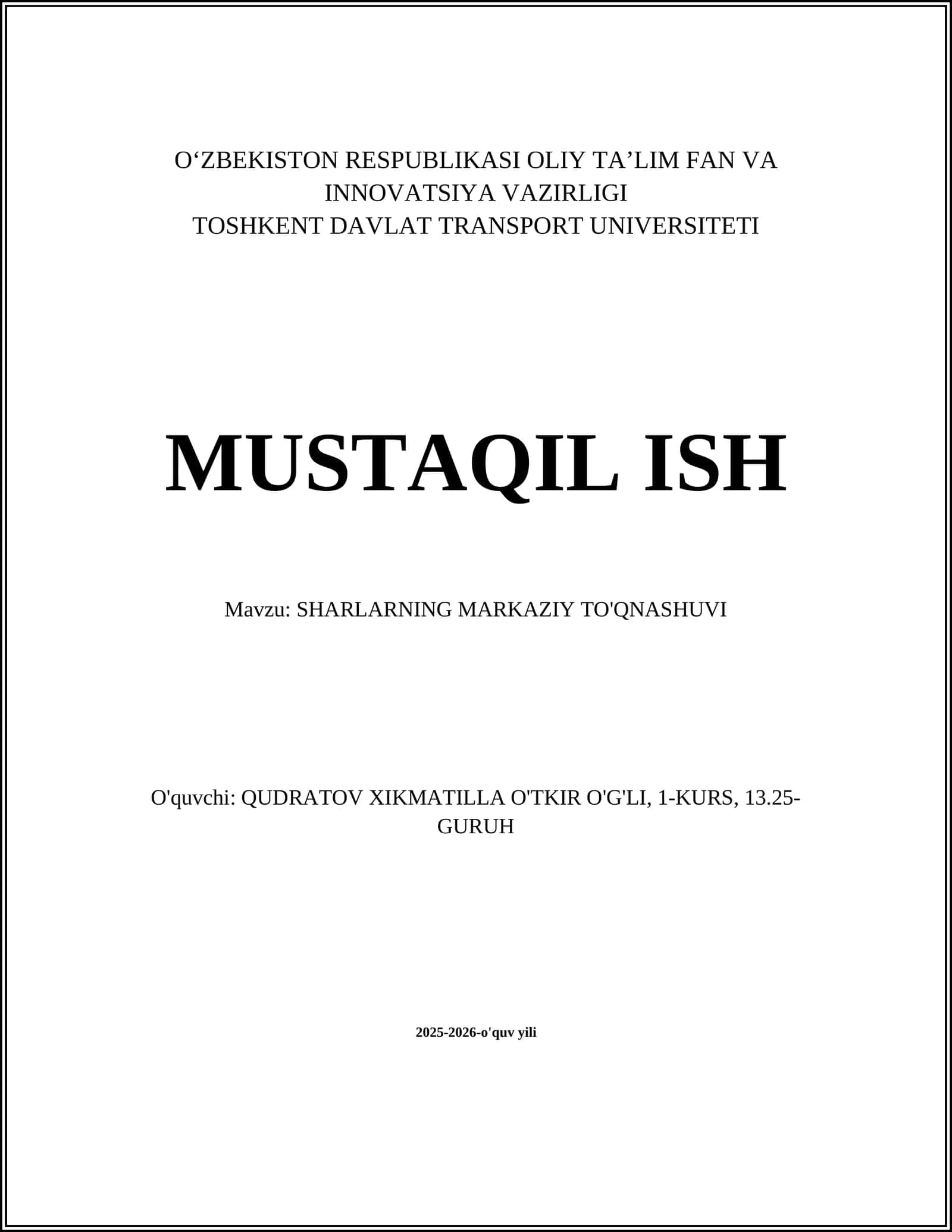 SHARLARNING MARKAZIY TO'QNASHUVI