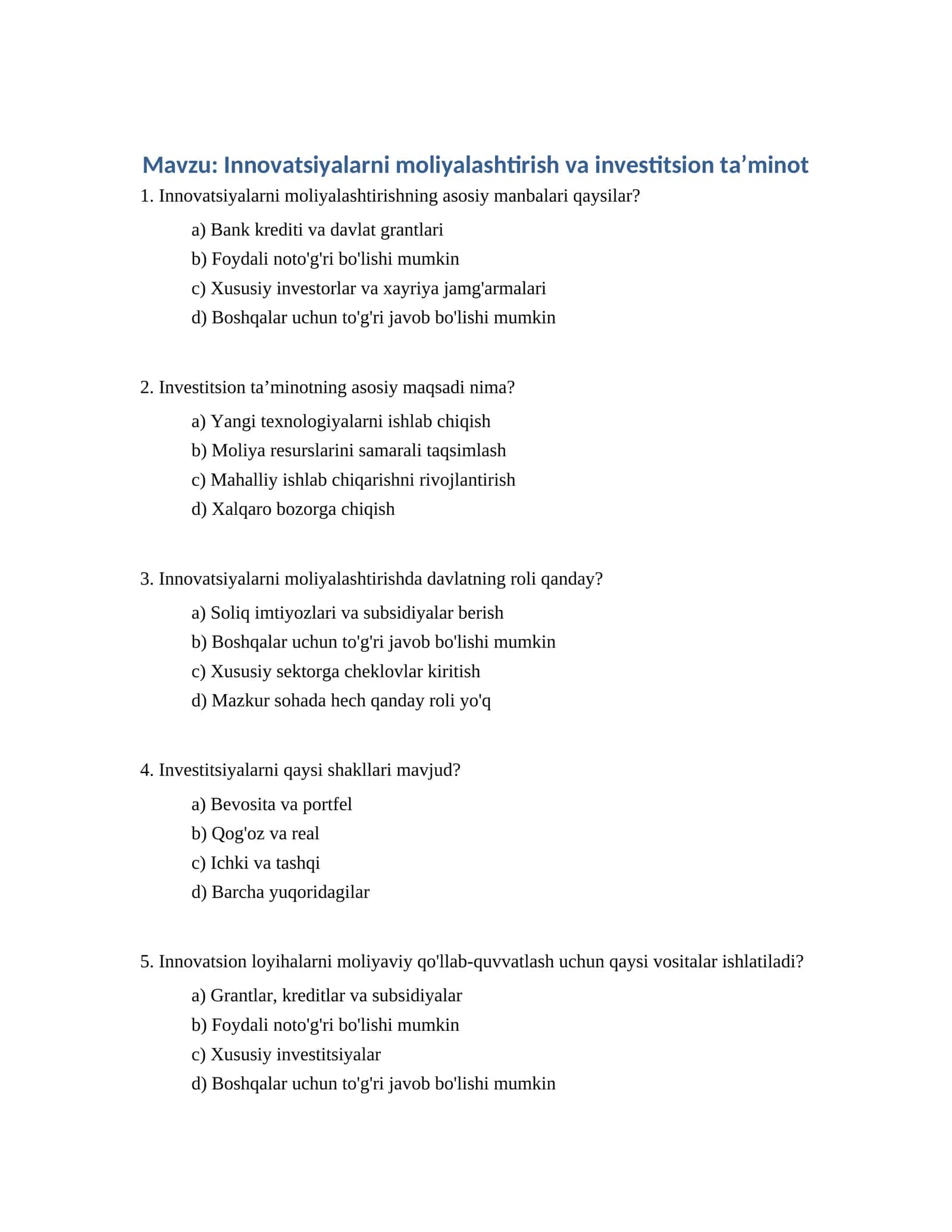 Innovatsiyalarni moliyalashtirish va investitsion taʼminot